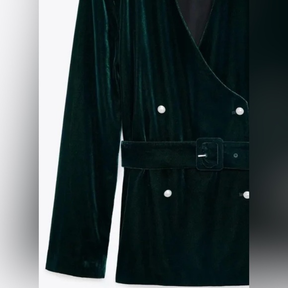 Zara Green Velvet Blazer with Pearl Buttons and Belt, Size L, Pristine Condition - Picture 3 of 14